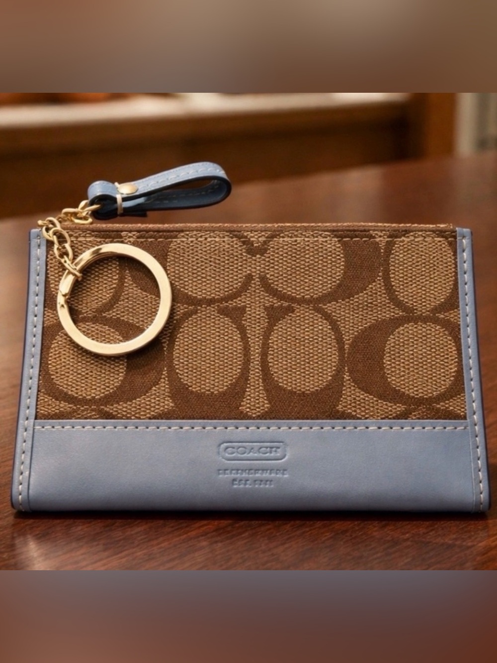 Coach Mini Skinny cardholder with Light Blue Leather Trim